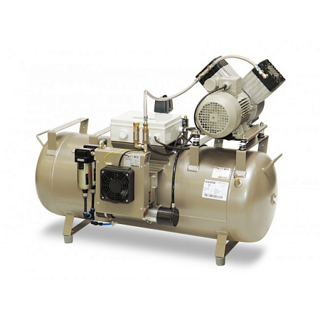 EKOM DK50 2V/110S/M - безмасляный компрессор для двух стоматологических установок с кожухом, с осушителем, с ресивером 110 л
